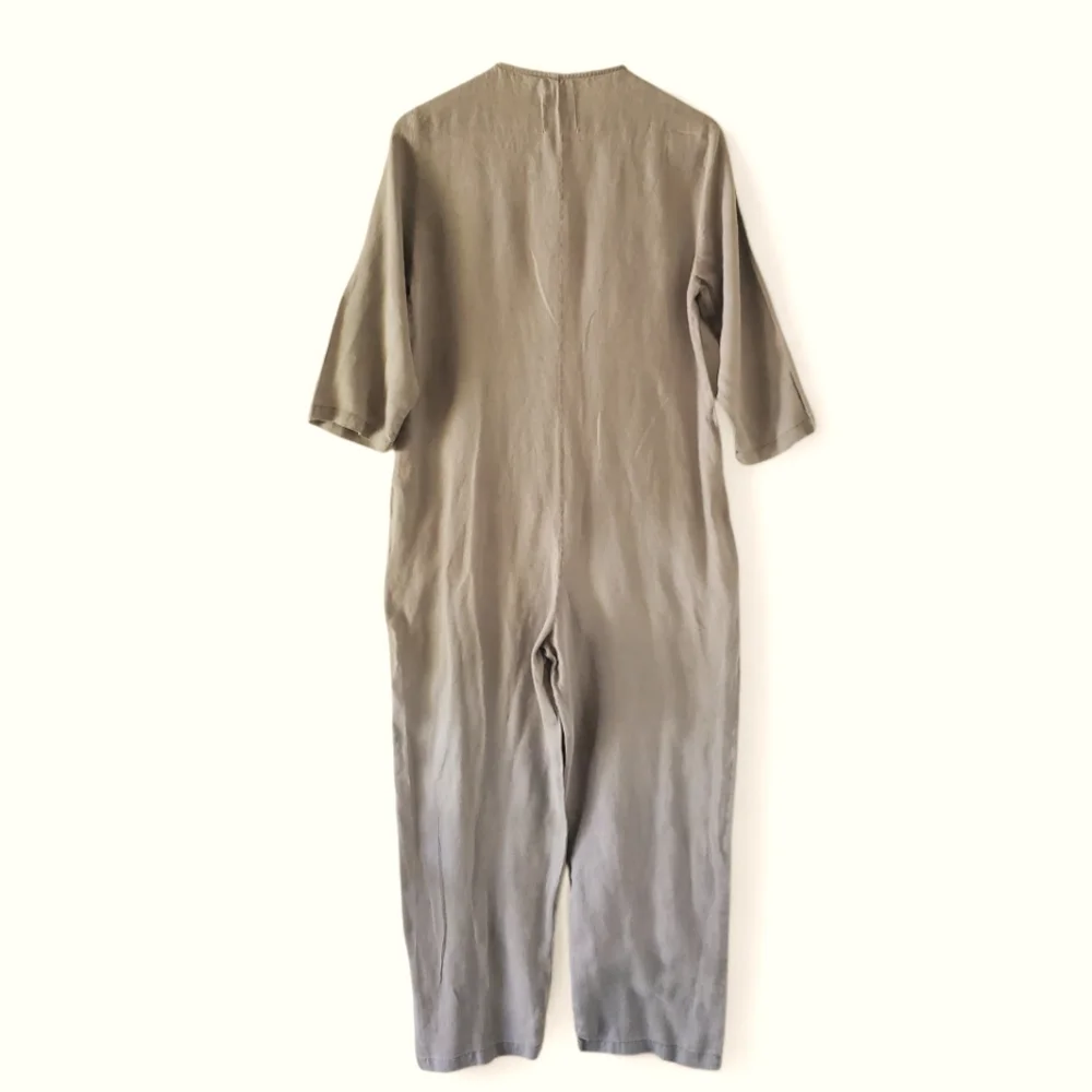 🔥ZARA Lillian Gray Linen ¾ Sleeve Button Front Vneck Lagenlook‎ Jumpsuit SZ S/M